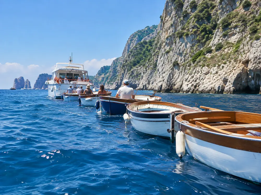 Small boats waiting their turn outside a sea cave in summer